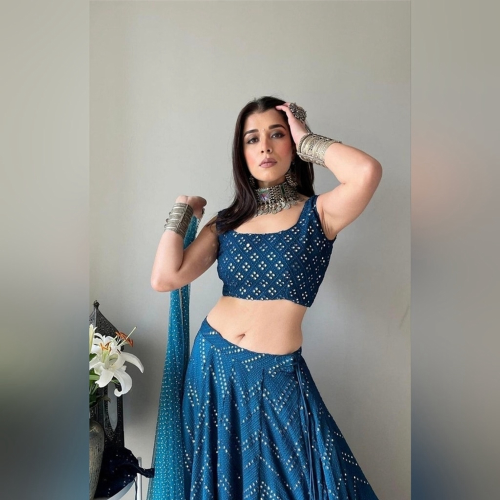 Blue Sequin Thread Embroidered Faux Georgette Lehenga Choli - Picture 3 of 15